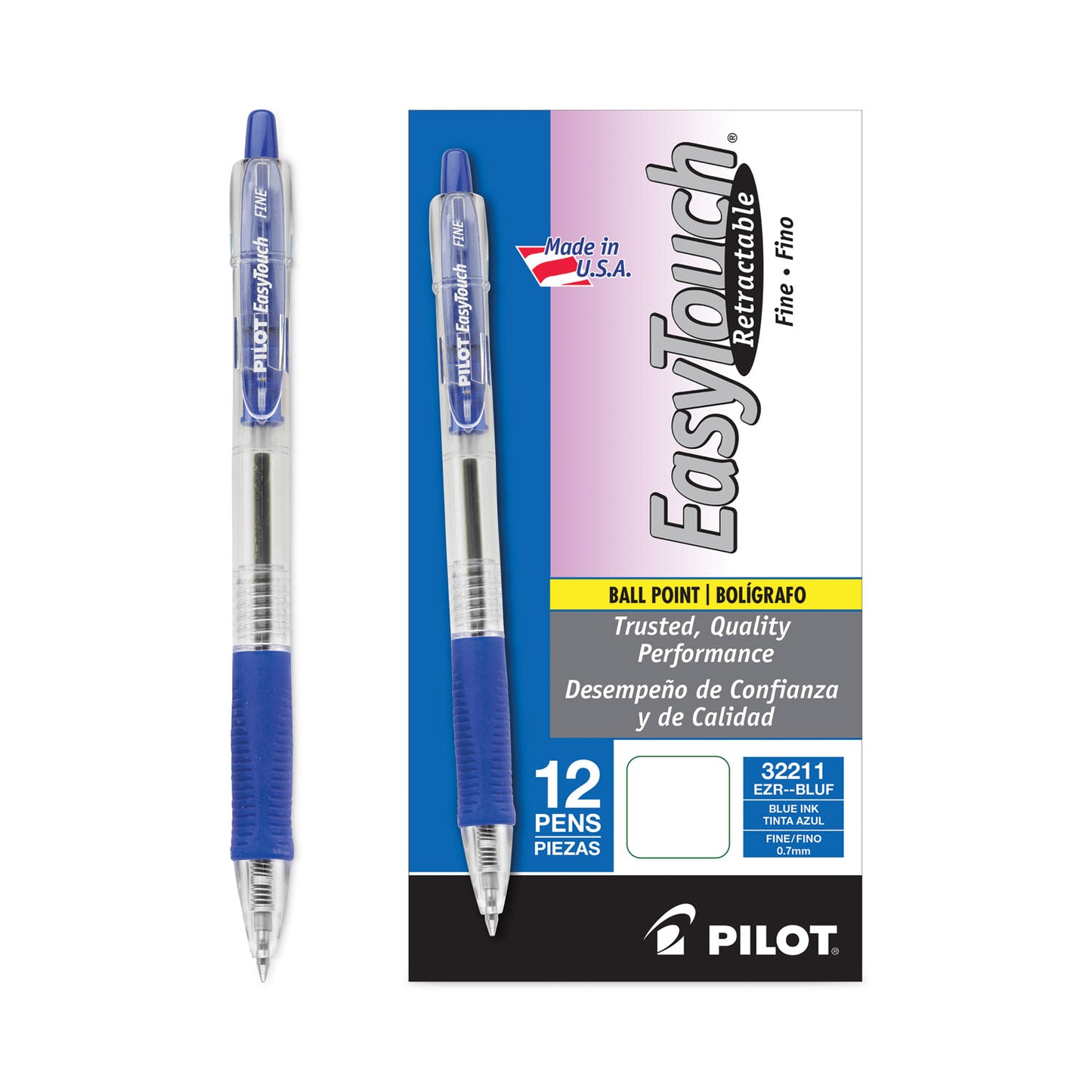 Pilot EasyTouch Ballpoint Pen, Retractable, Fine 0.7 mm, Blue Ink, Clear Barrel, Dozen (32211)