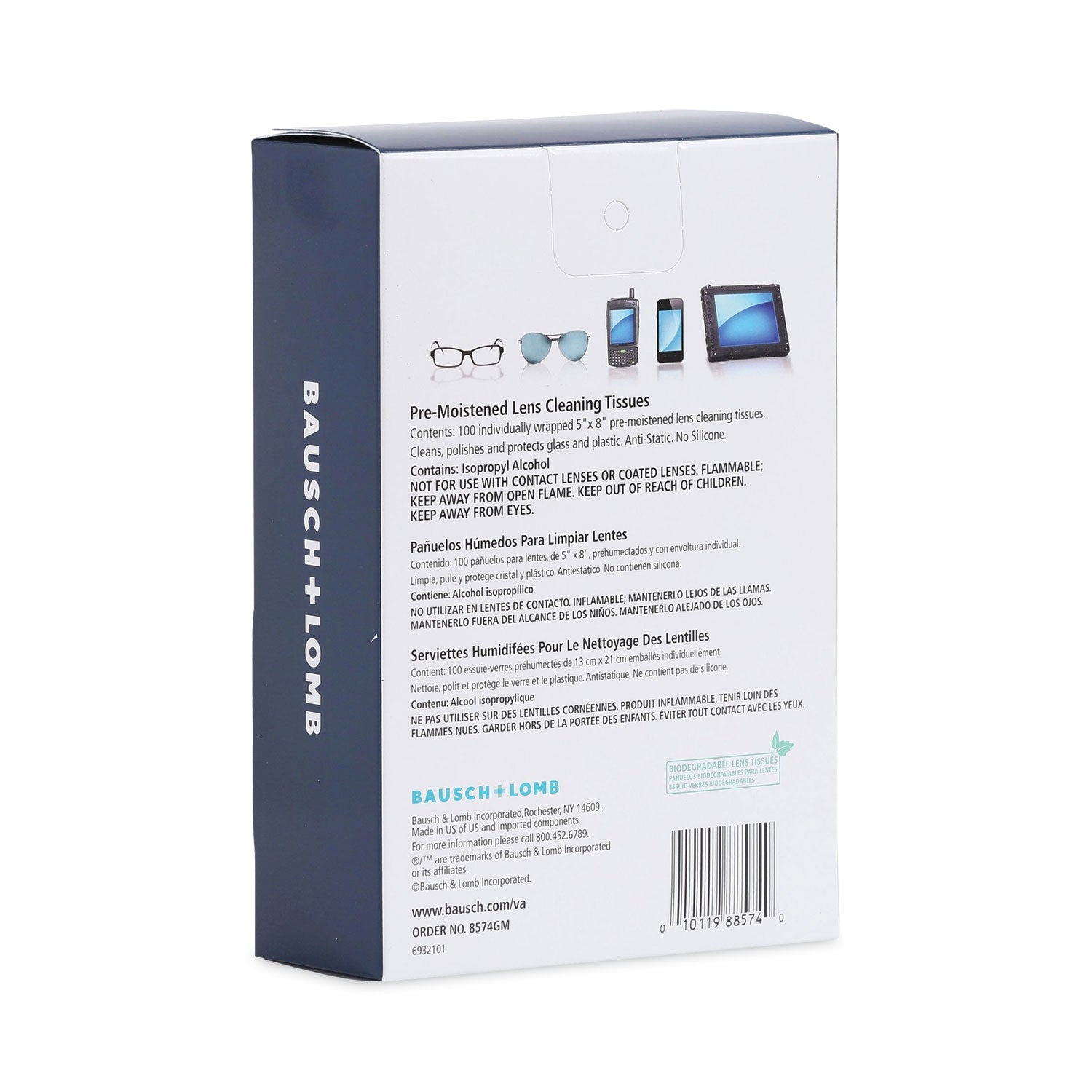  Lomb Sight Savers Premoistened Lens Cleaning Tissues, 8 x 5, 100/Box, 10 Box/Carton (8574GMCT)