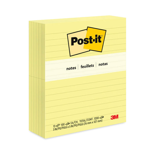 Post-it Original Pads in Canary Yellow, Note Ruled, 3" x 5", 100 Sheets/Pad, 12 Pads/Pack (635YW)