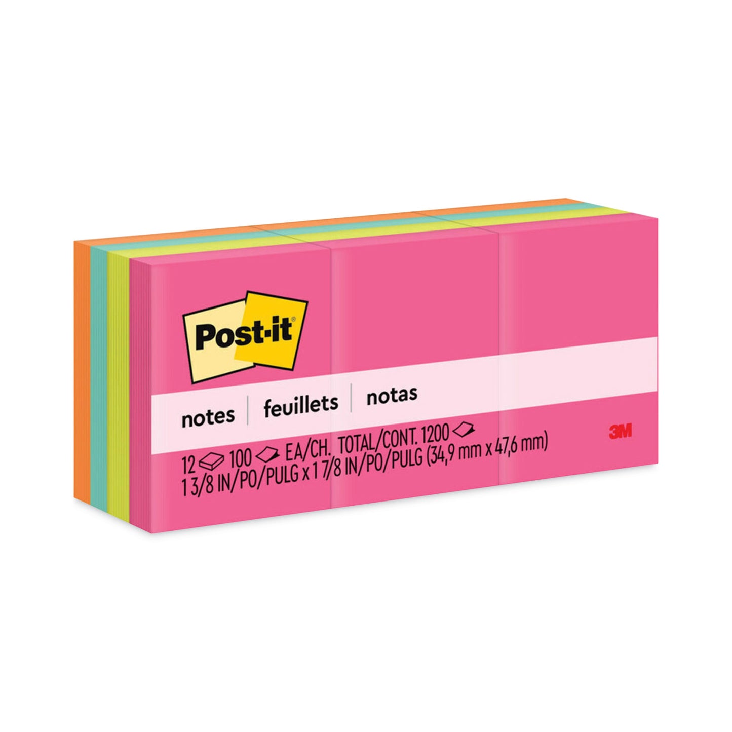 Post-it Original Pads in Poptimistic Collection Colors, 1.38" x 1.88", 100 Sheets/Pad, 12 Pads/Pack (653AN)