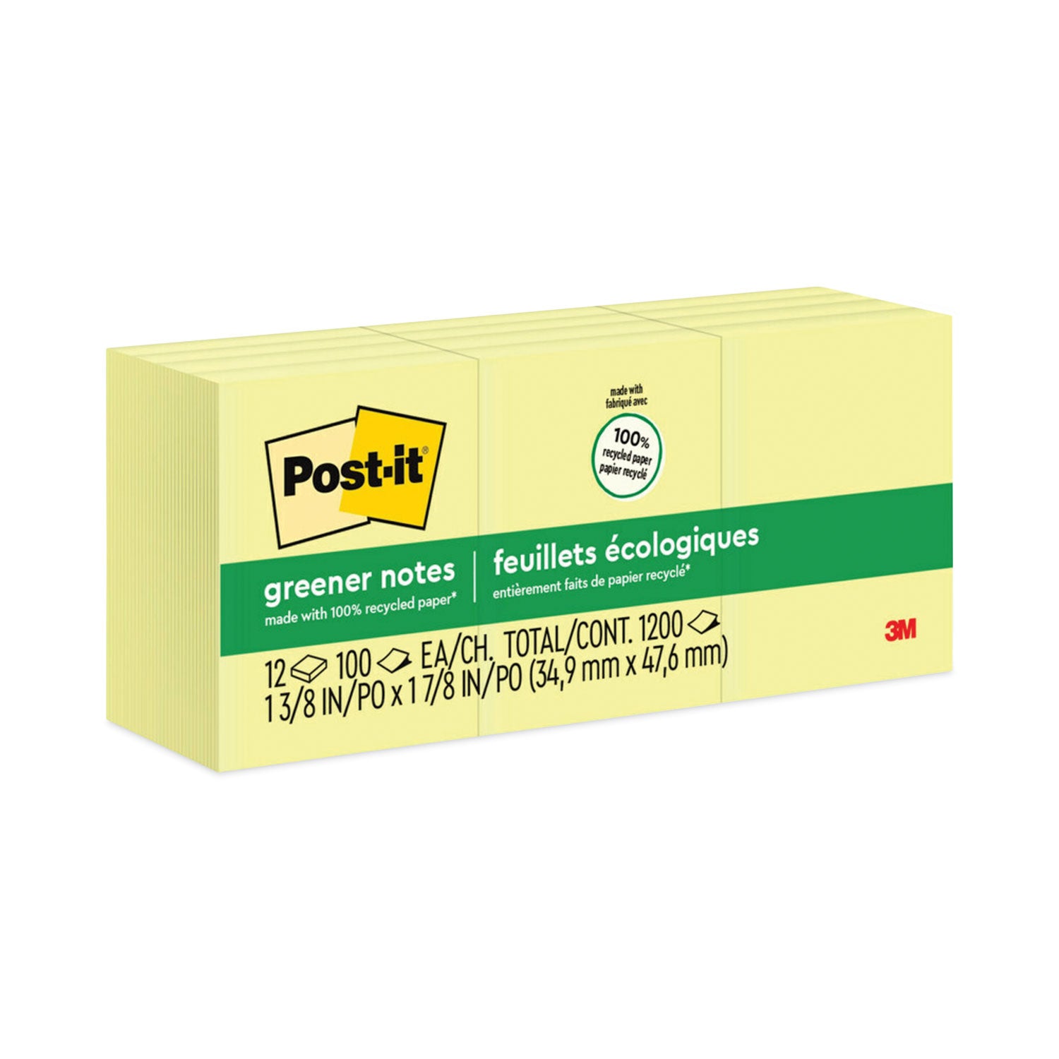 Post-it Original Recycled Note Pads, 1.5" x 2", Canary Yellow, 100 Sheets/Pad, 12 Pads/Pack (653RPYW)