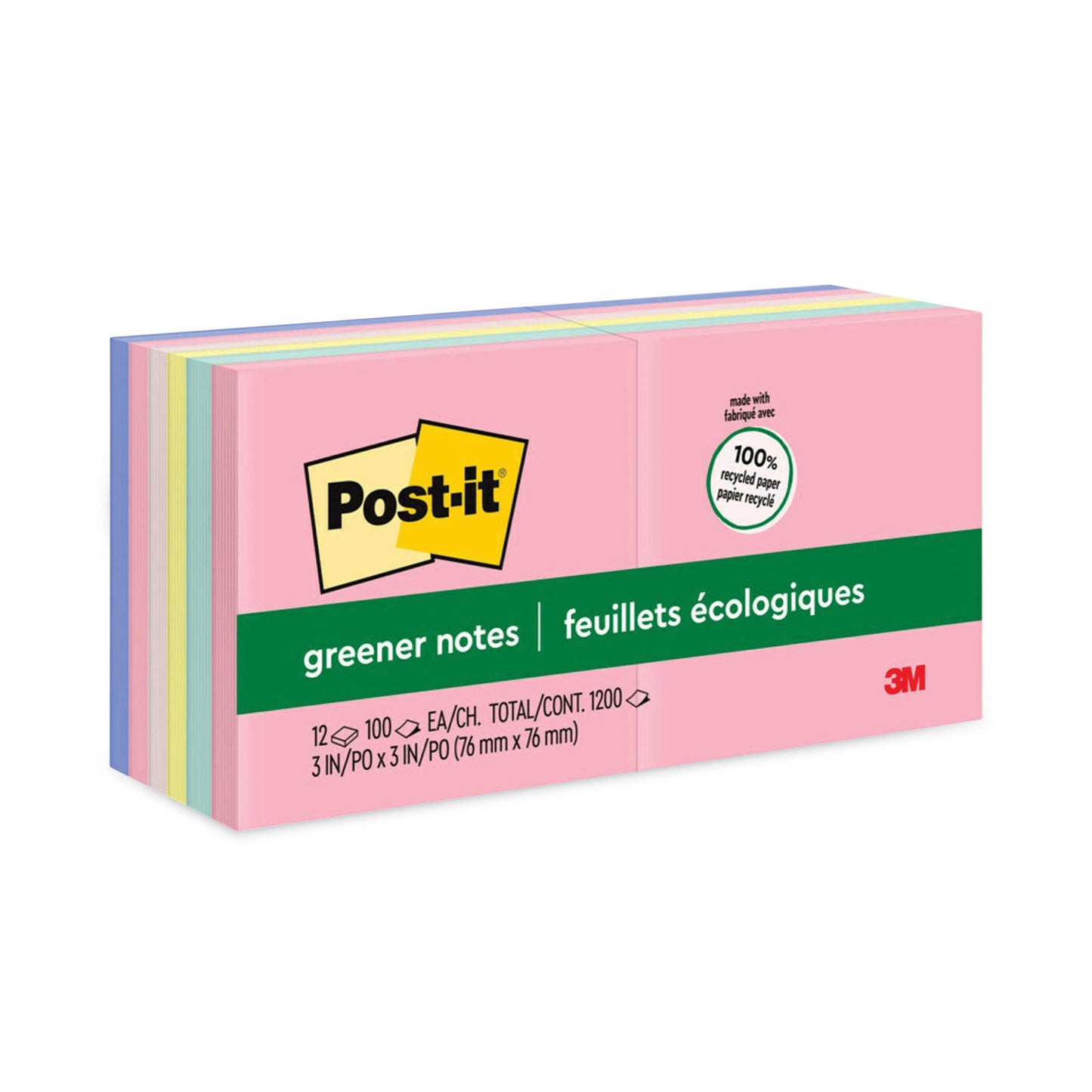 Post-it Original Recycled Note Pads, 3" x 3", Sweet Sprinkles Collection Colors, 100 Sheets/Pad, 12 Pads/Pack (654RPA)