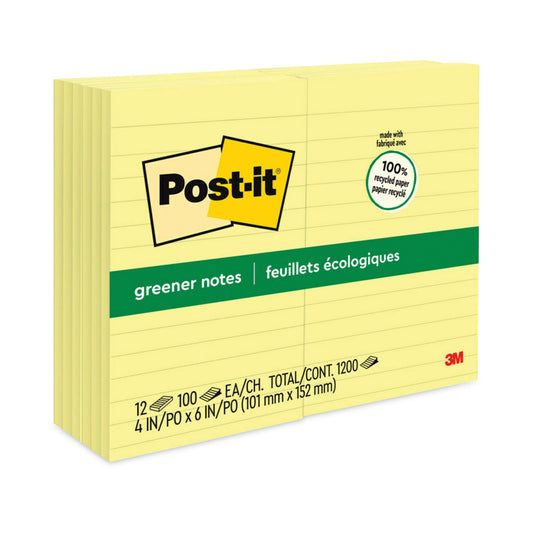 Post-it Original Recycled Note Pads, Note Ruled, 4" x 6", Canary Yellow, 100 Sheets/Pad, 12 Pads/Pack (660RPYW)