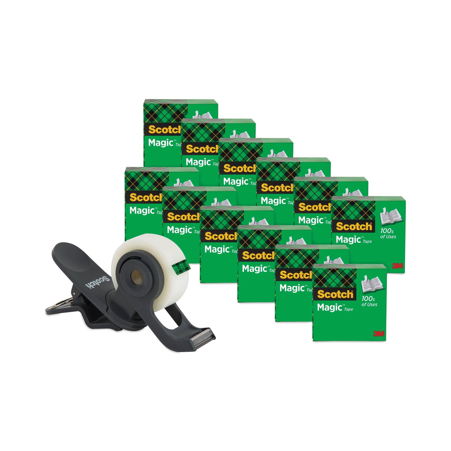 Scotch Clip Dispenser Value Pack with 12 Rolls of Tape, 1" Core, Plastic, Charcoal (810K12C19)