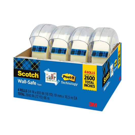 Scotch Wall-Safe Tape with Dispenser, 1" Core, 0.75" x 54.17 ft, Clear, 4/Pack (4183)