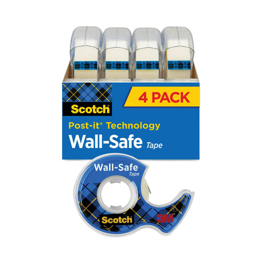 Scotch Wall-Safe Tape with Dispenser, 1" Core, 0.75" x 54.17 ft, Clear, 4/Pack (4183)