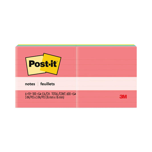 Post-it Original Pads in Poptimistic Collection Colors, Note Ruled, 3" x 3", 100 Sheets/Pad, 6 Pads/Pack (6306AN)