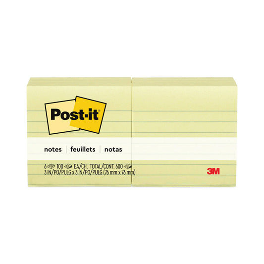 Post-it Original Pads in Canary Yellow, Note Ruled, 3" x 3", 100 Sheets/Pad, 6 Pads/Pack (6306PK)