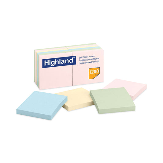 Highland Self-Stick Notes, 3" x 3", Assorted Pastel Colors, 100 Sheets/Pad, 12 Pads/Pack (6549A)