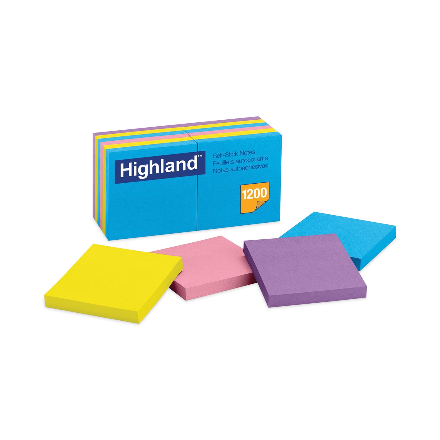 Highland Self-Stick Notes, 3" x 3", Assorted Bright Colors, 100 Sheets/Pad, 12 Pads/Pack (6549B)