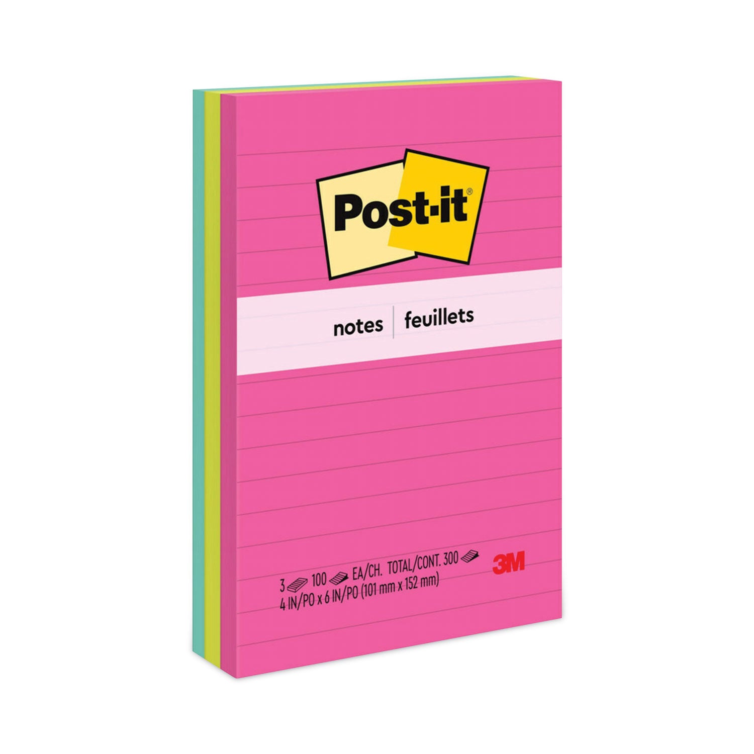 Post-it Original Pads in Poptimistic Collection Colors, Note Ruled, 4" x 6", 100 Sheets/Pad, 3 Pads/Pack (6603AN)