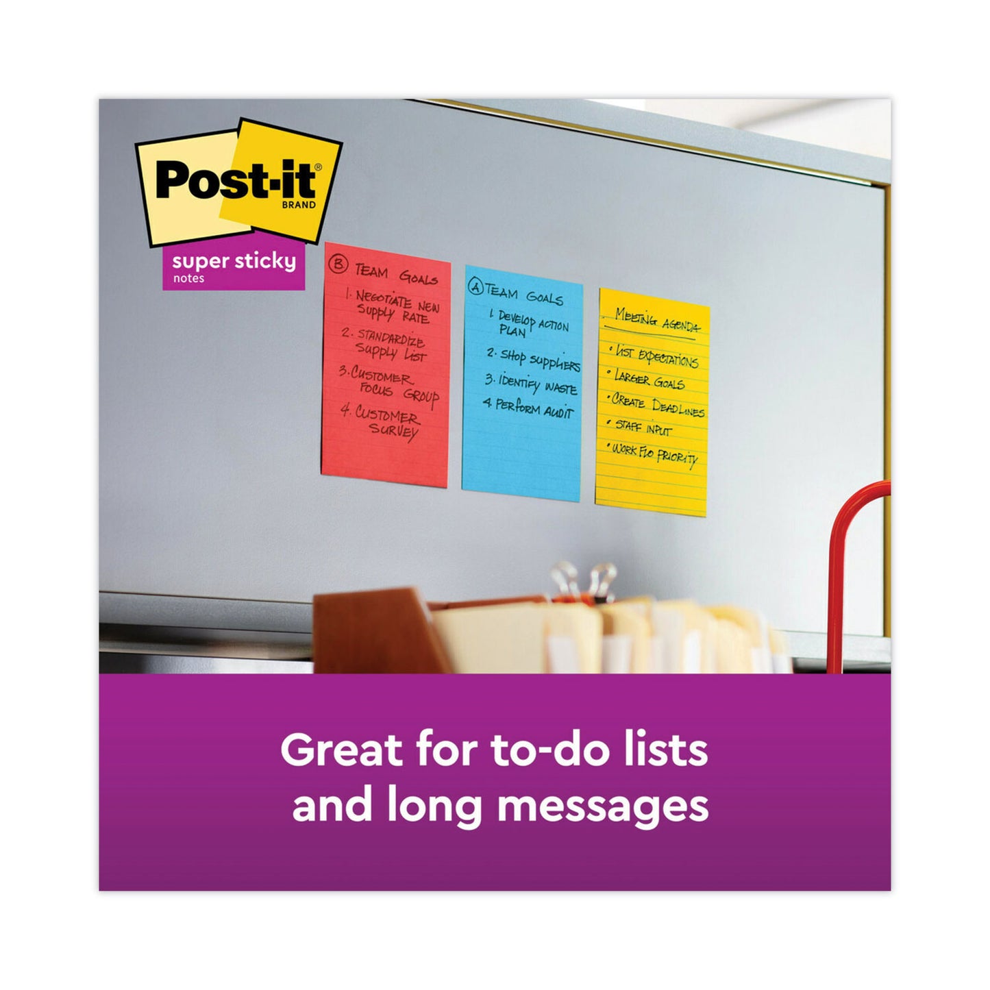 Post-it Pads in Playful Primary Collection Colors, Note Ruled, 4" x 6", 90 Sheets/Pad, 3 Pads/Pack (6603SSAN)