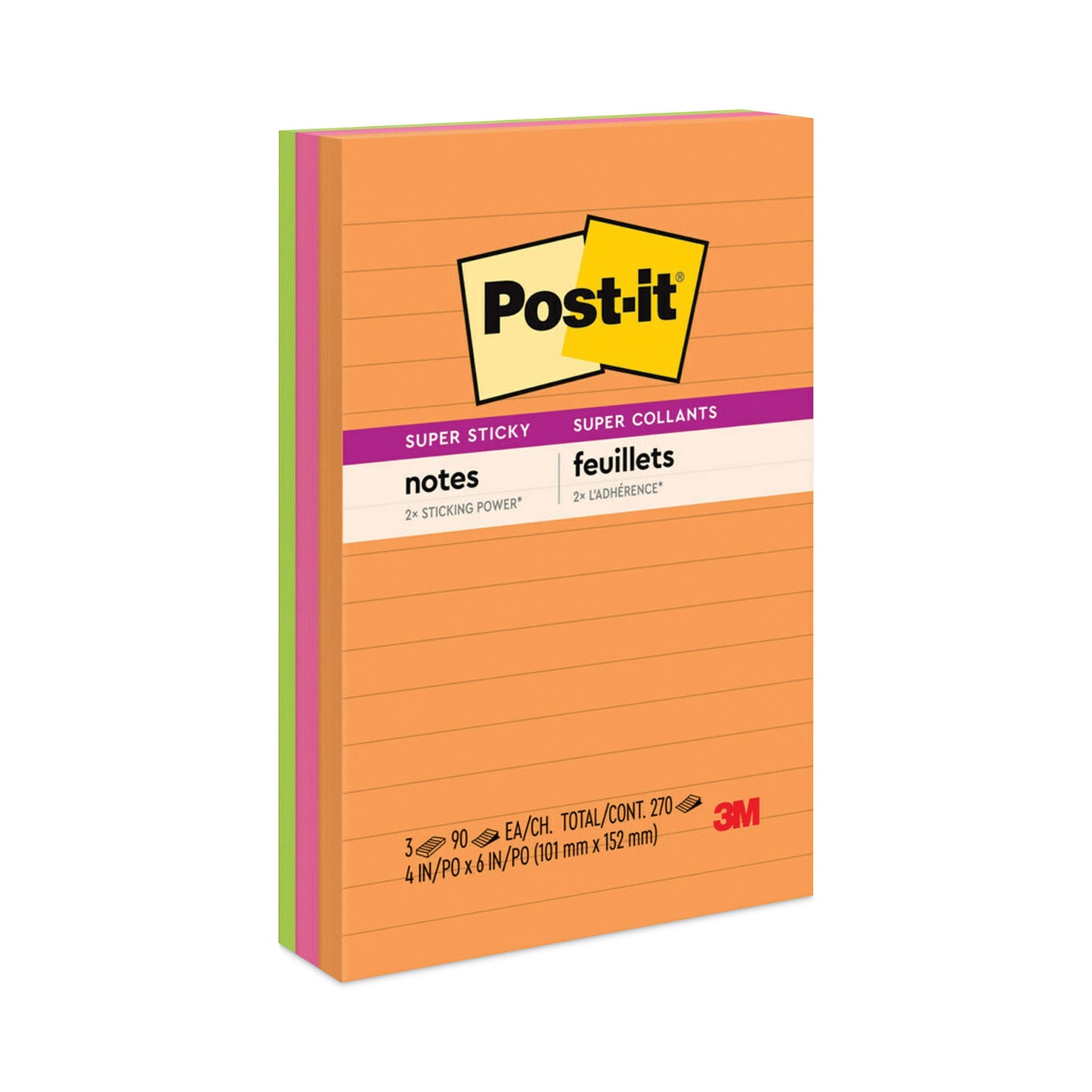 Post-it Pads in Energy Boost Collection Colors, Note Ruled, 4" x 6", 90 Sheets/Pad, 3 Pads/Pack (6603SSUC)