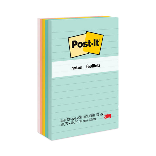 Post-it Original Pads in Beachside Cafe Collection Colors, Note Ruled, 4" x 6", 100 Sheets/Pad, 5 Pads/Pack (6605PKAST)