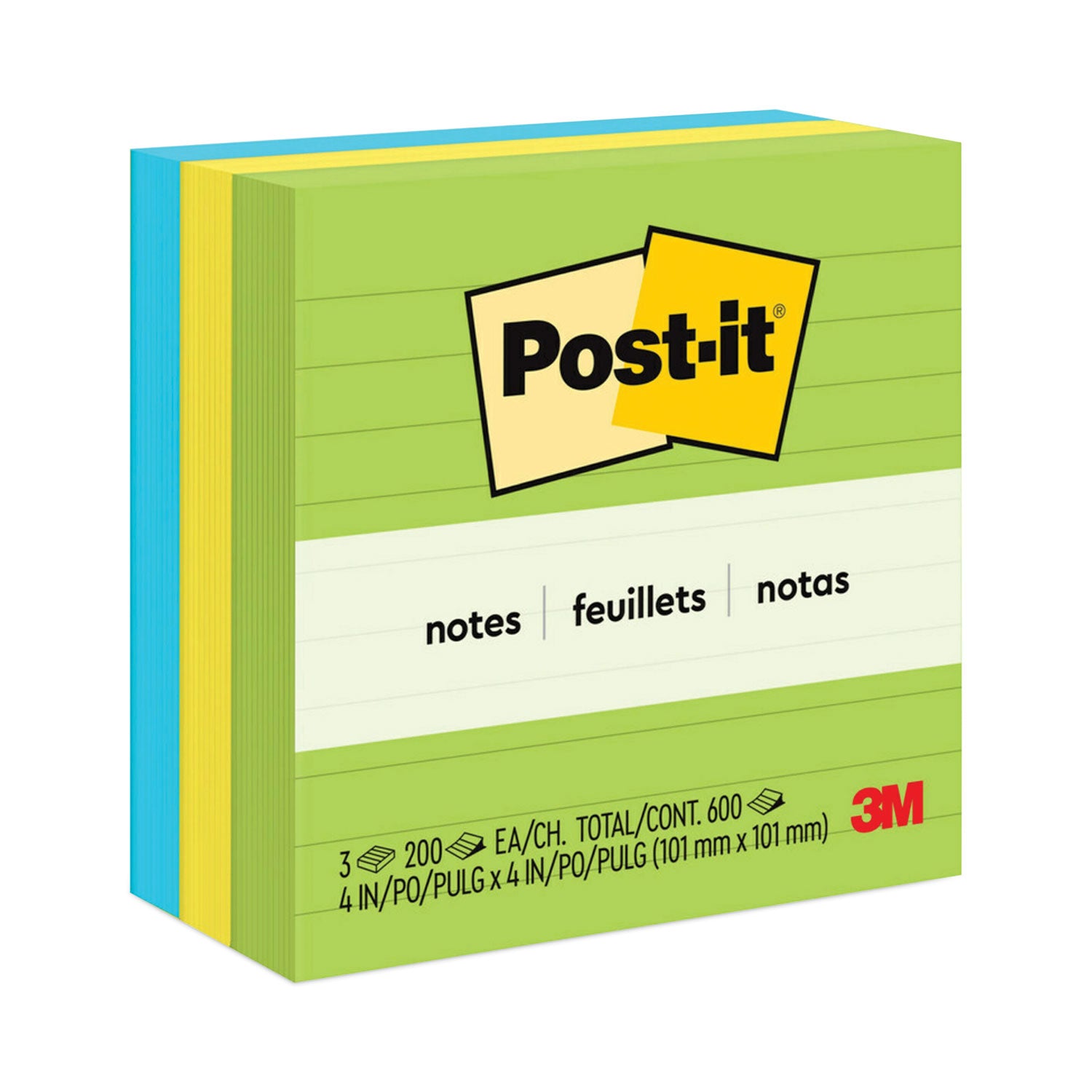 Post-it Original Pads in Floral Fantasy Collection Colors, Note Ruled, 4" x 4", 200 Sheets/Pad, 3 Pads/Pack (6753AUL)