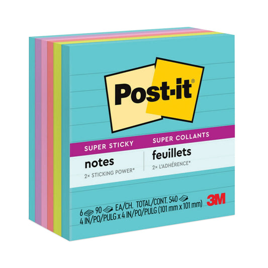 Post-it Pads in Supernova Neon Collection Colors, Note Ruled, 4" x 4", 90 Sheets/Pad, 6 Pads/Pack (6756SSMIA)