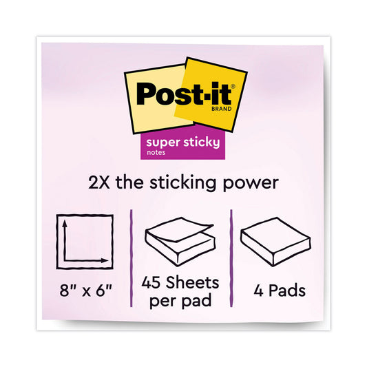 Post-it Meeting Notes in Energy Boost Collection Colors, 8" x 6", 45 Sheets/Pad, 4 Pads/Pack (6845SSP)