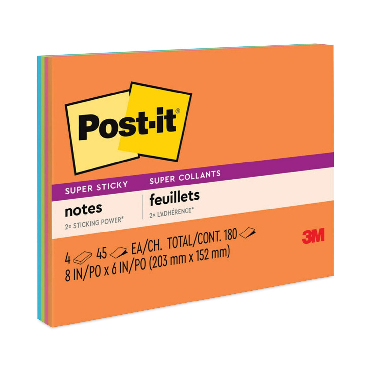 Post-it Meeting Notes in Energy Boost Collection Colors, 8" x 6", 45 Sheets/Pad, 4 Pads/Pack (6845SSP)