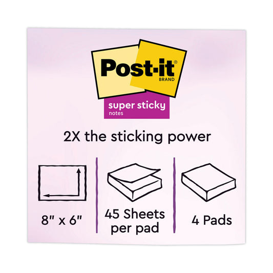 Post-it Meeting Notes in Energy Boost Collection Colors, Note Ruled, 8" x 6", 45 Sheets/Pad, 4 Pads/Pack (6845SSPL)