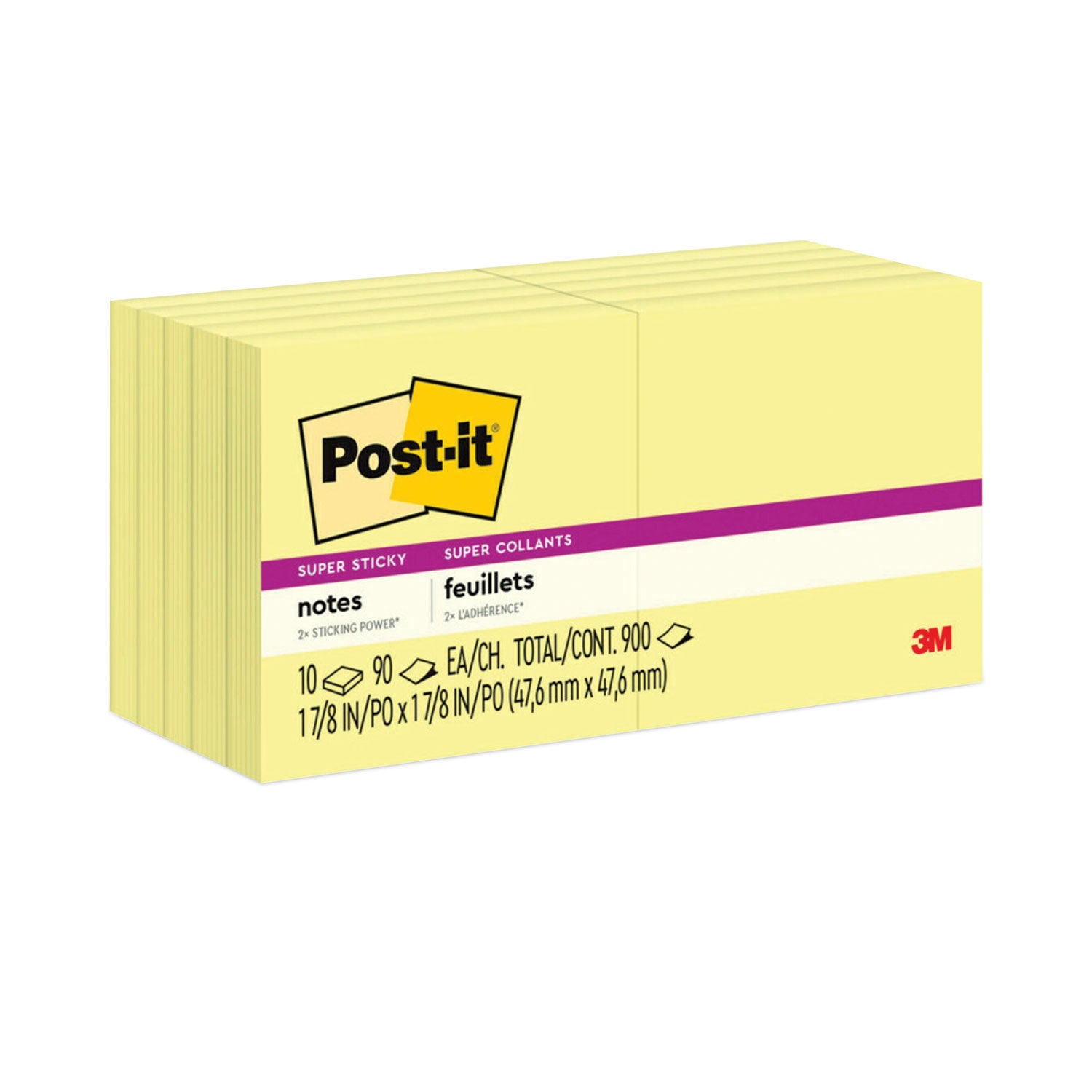 Post-it Pads in Canary Yellow, 1.88" x 1.88", 90 Sheets/Pad, 10 Pads/Pack (62210SSCY)