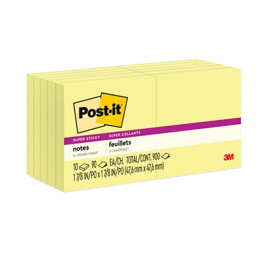 Post-it Pads in Canary Yellow, 1.88" x 1.88", 90 Sheets/Pad, 10 Pads/Pack (62210SSCY)