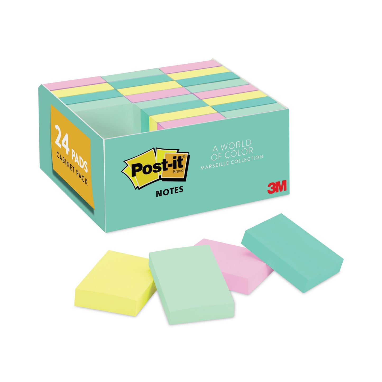 Post-it Original Pads in Beachside Cafe Collection Colors, Value Pack, 1.38" x 1.88", 100 Sheets/Pad, 24 Pads/Pack (65324APVAD)