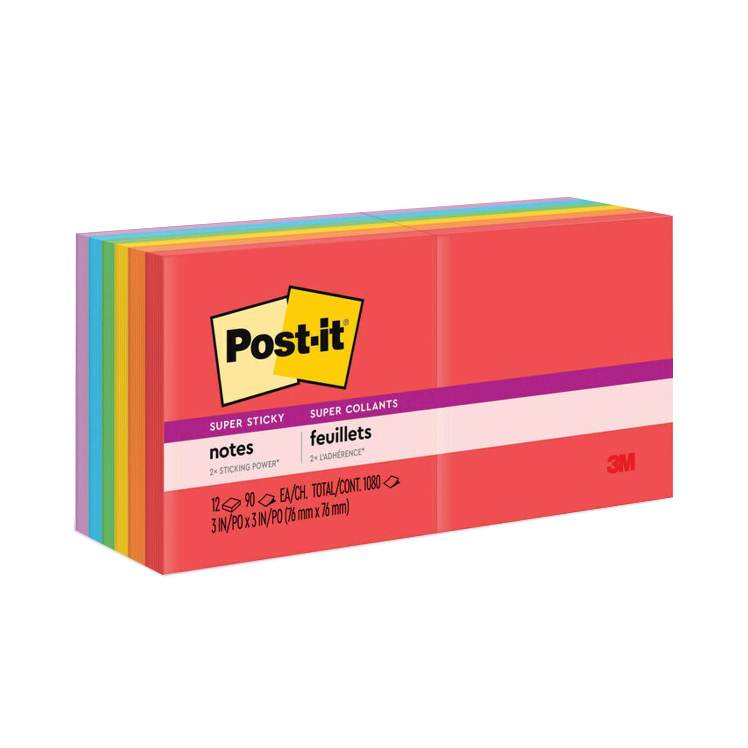 Post-it Pads in Playful Primary Collection Colors, 3" x 3", 90 Sheets/Pad, 12 Pads/Pack (65412SSAN)