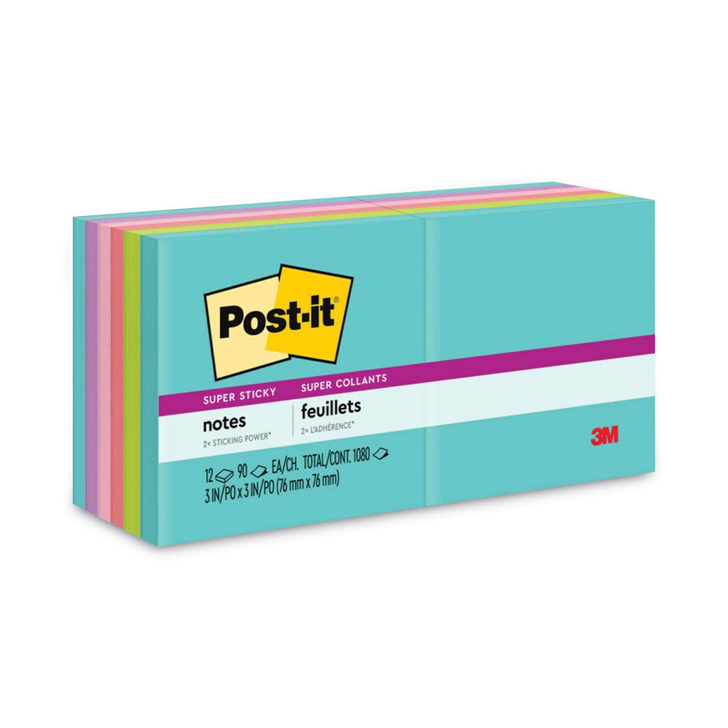 Post-it Pads in Supernova Neon Collection Colors, 3" x 3", 90 Sheets/Pad, 12 Pads/Pack (65412SSMIA)