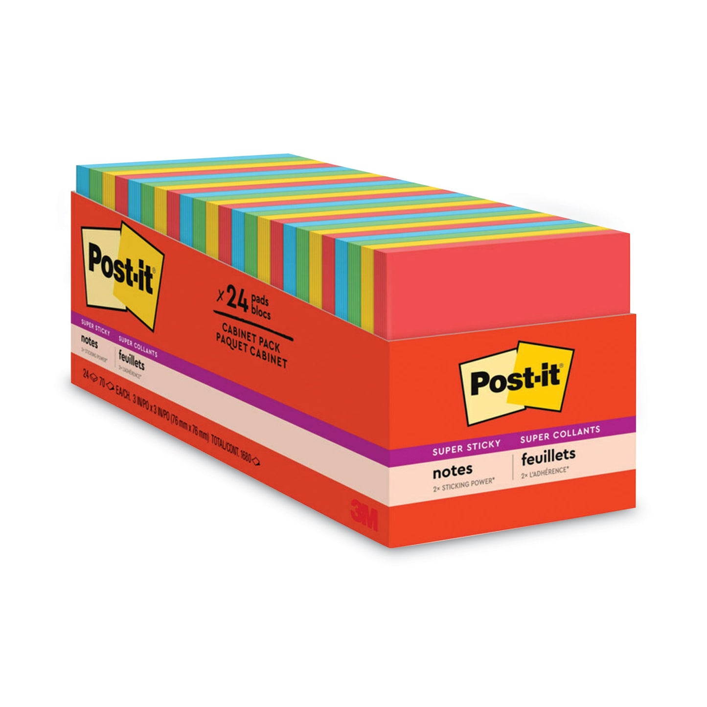 Post-it Pads in Playful Primary Collection Colors, Cabinet Pack, 3" x 3", 70 Sheets/Pad, 24 Pads/Pack (65424SSANCP)