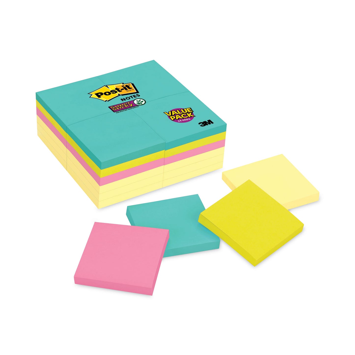 Post-it Self-Stick Notes Office Pack, 3" x 3", Supernova Neons Collection Colors, 90 Sheets/Pad, 24 Pads/Pack (65424SSCYM)