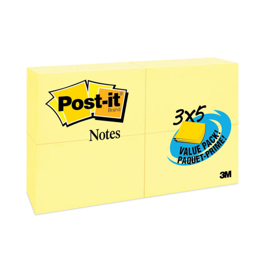 Post-it Original Pads in Canary Yellow, Value Pack, 3" x 5", 100 Sheets/Pad, 24 Pads/Pack (65524VAD)