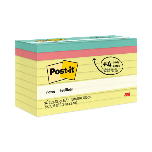 Post-it Original Pads Assorted Value Pack, 3 x 3, (14) Canary Yellow, (4) Poptimistic Collection Colors, 100 Sheets/Pad, 18 Pads/Pack (654144B)