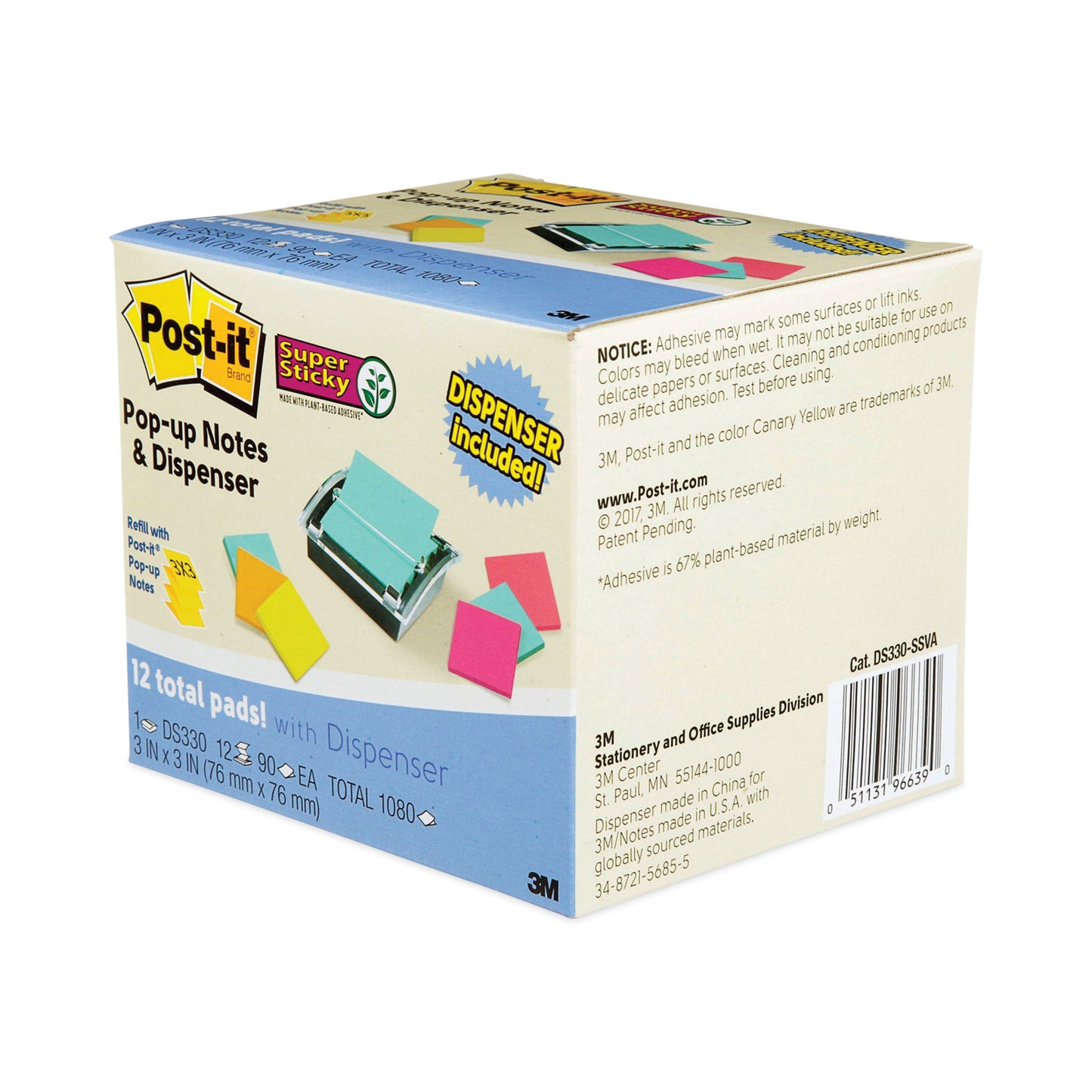 Post-it Pop-up Dispenser Value Pack, For 3 x 3 Pads, Black/Clear, Includes (12) Marrakesh Rio de Janeiro Super Sticky Pop-up Pad (DS330SSVA)