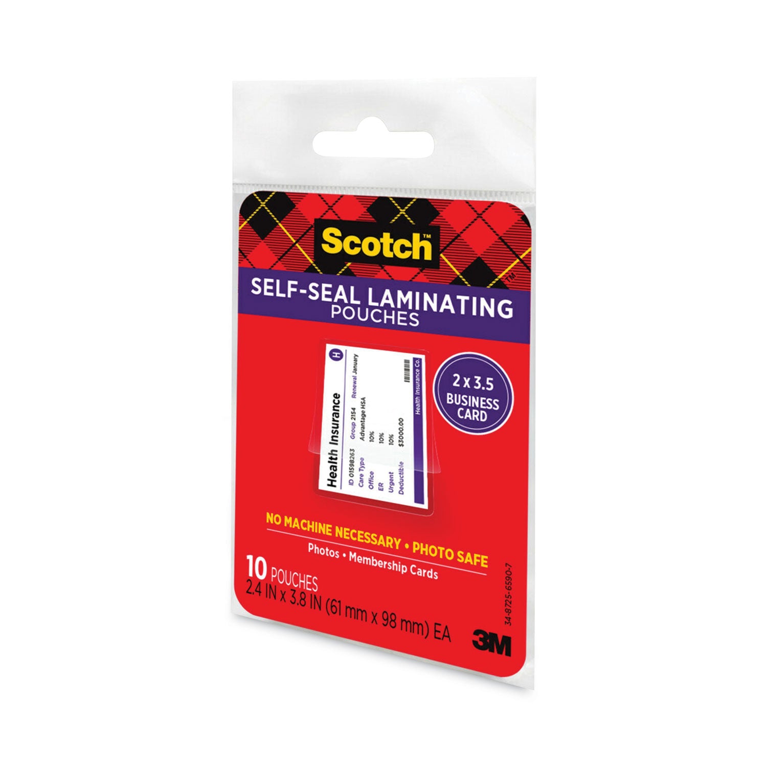 Scotch Self-Sealing Laminating Pouches, 9.5 mil, 3.88" x 2.44", Gloss Clear, 25/Pack (LS851G)