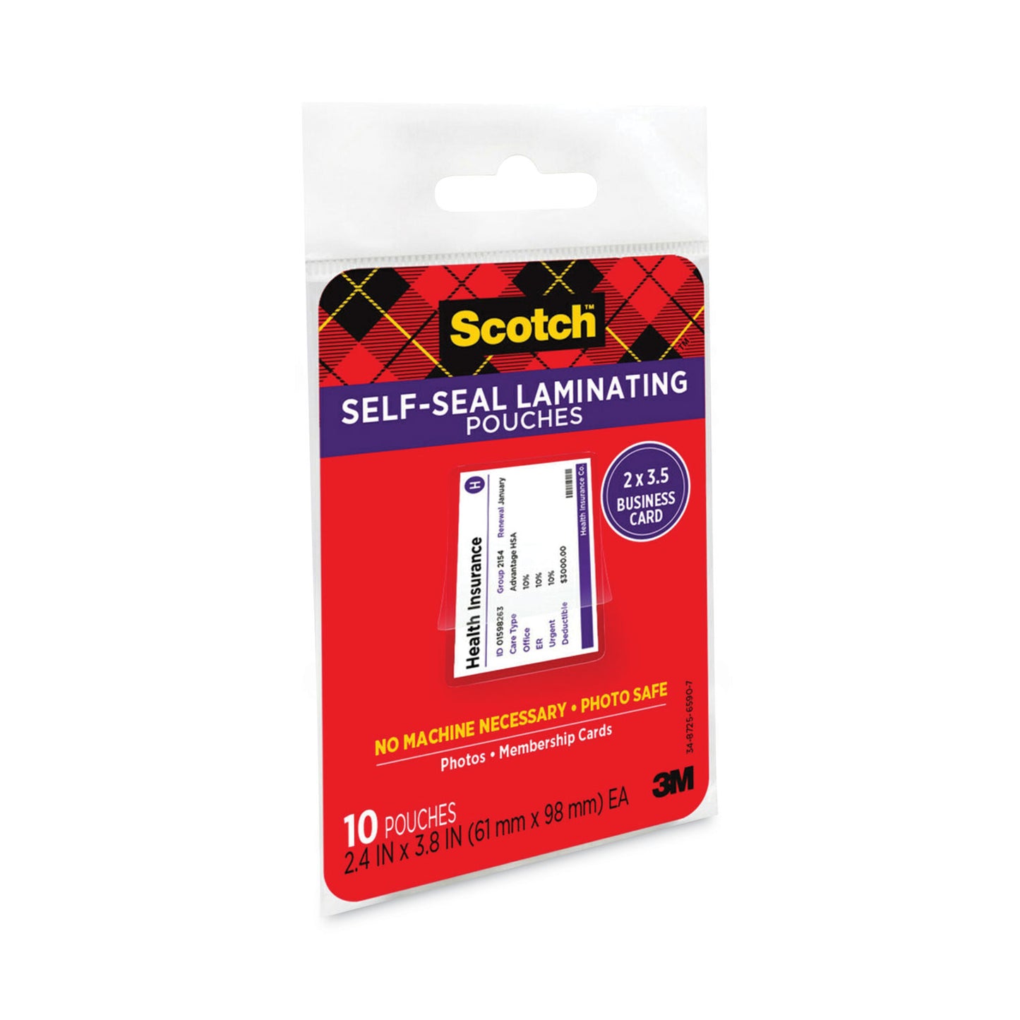 Scotch Self-Sealing Laminating Pouches, 9.5 mil, 3.88" x 2.44", Gloss Clear, 25/Pack (LS851G)