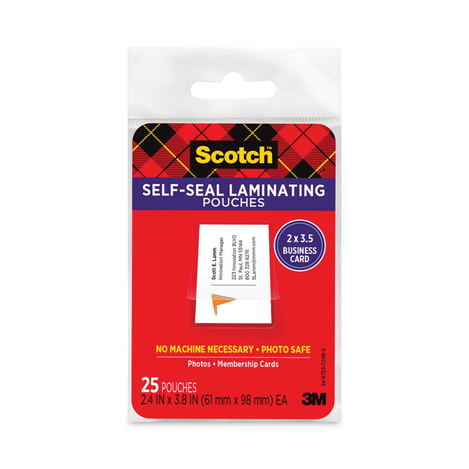 Scotch Self-Sealing Laminating Pouches, 9.5 mil, 3.88" x 2.44", Gloss Clear, 25/Pack (LS851G)