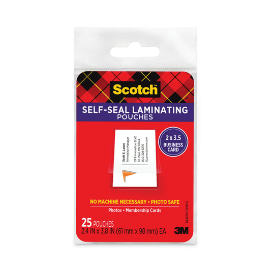 Scotch Self-Sealing Laminating Pouches, 9.5 mil, 3.88" x 2.44", Gloss Clear, 25/Pack (LS851G)