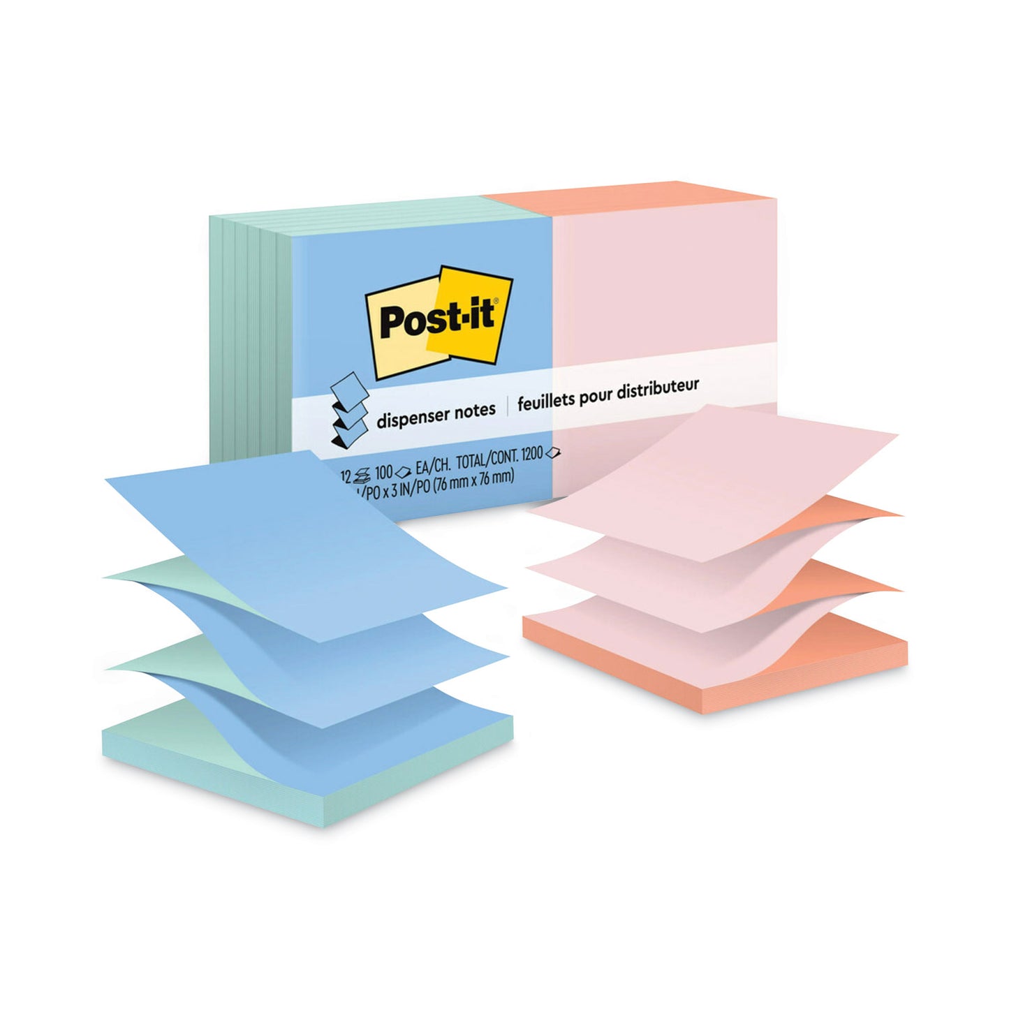 Post-it Original Pop-up Refill, Beachside Cafe Collection Alternating-Color Value Pack, 3" x 3", 100 Sheets/Pad, 12 Pads/Pack (R330UALT)