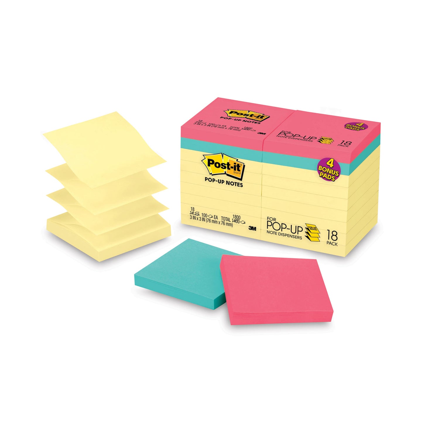 Post-it Original Pop-up Notes Value Pack, 3 x 3, (14) Canary Yellow, (4) Poptimistic Collection Colors, 100 Sheets/Pad, 18 Pads/Pack (R330144B)