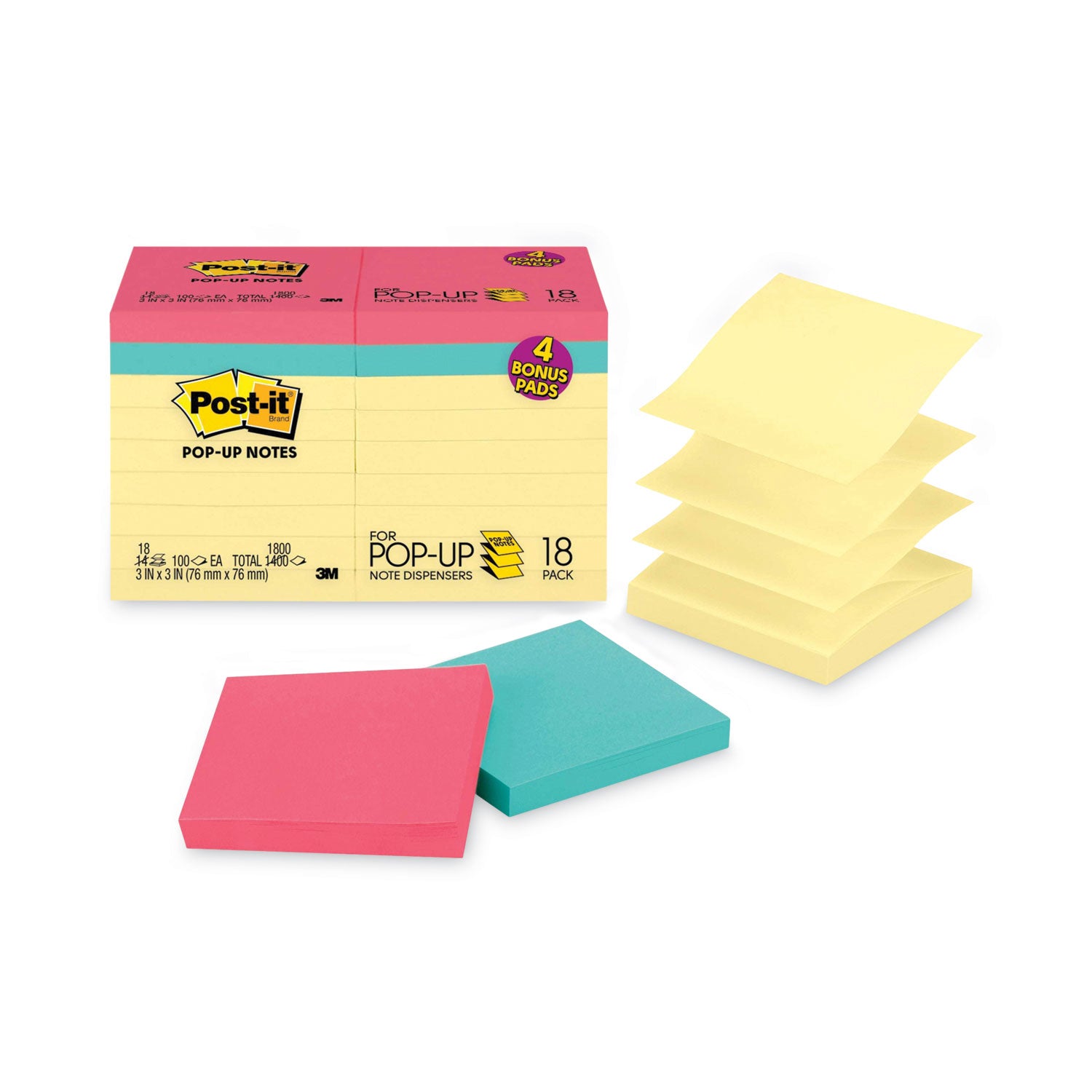 Post-it Original Pop-up Notes Value Pack, 3 x 3, (14) Canary Yellow, (4) Poptimistic Collection Colors, 100 Sheets/Pad, 18 Pads/Pack (R330144B)