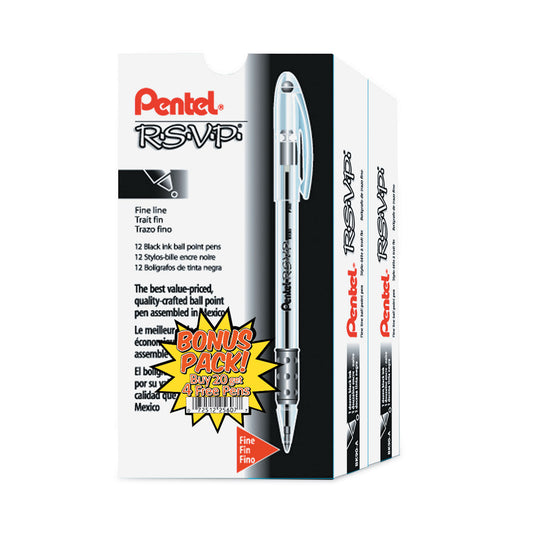 Pentel R.S.V.P. Ballpoint Pen Value Pack, Stick, Fine 0.7 mm, Black Ink, Clear/Black Barrel, 24/Pack (BK90ASW2)