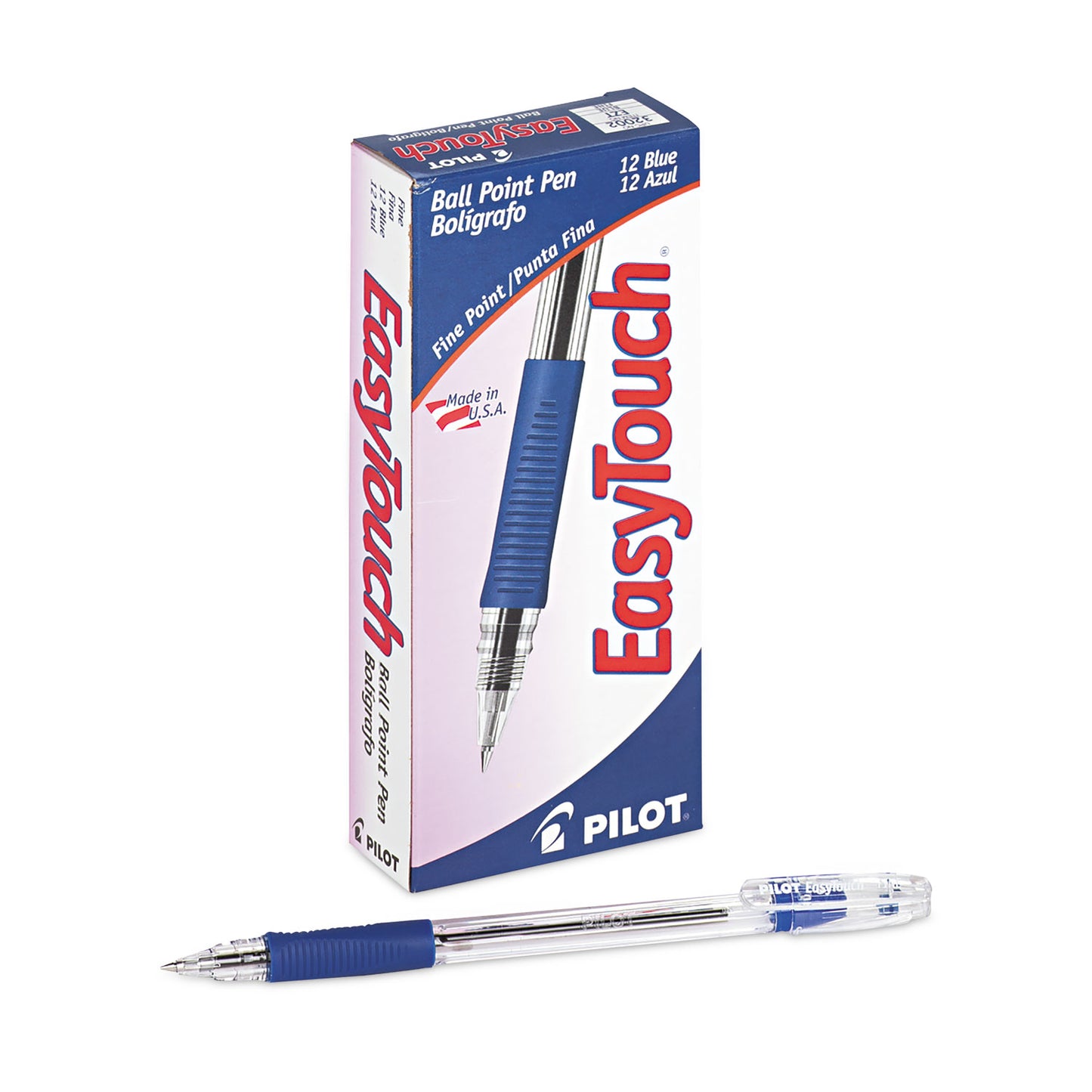 Pilot EasyTouch Ballpoint Pen, Stick, Fine 0.7 mm, Blue Ink, Clear/Blue Barrel, Dozen (32002)