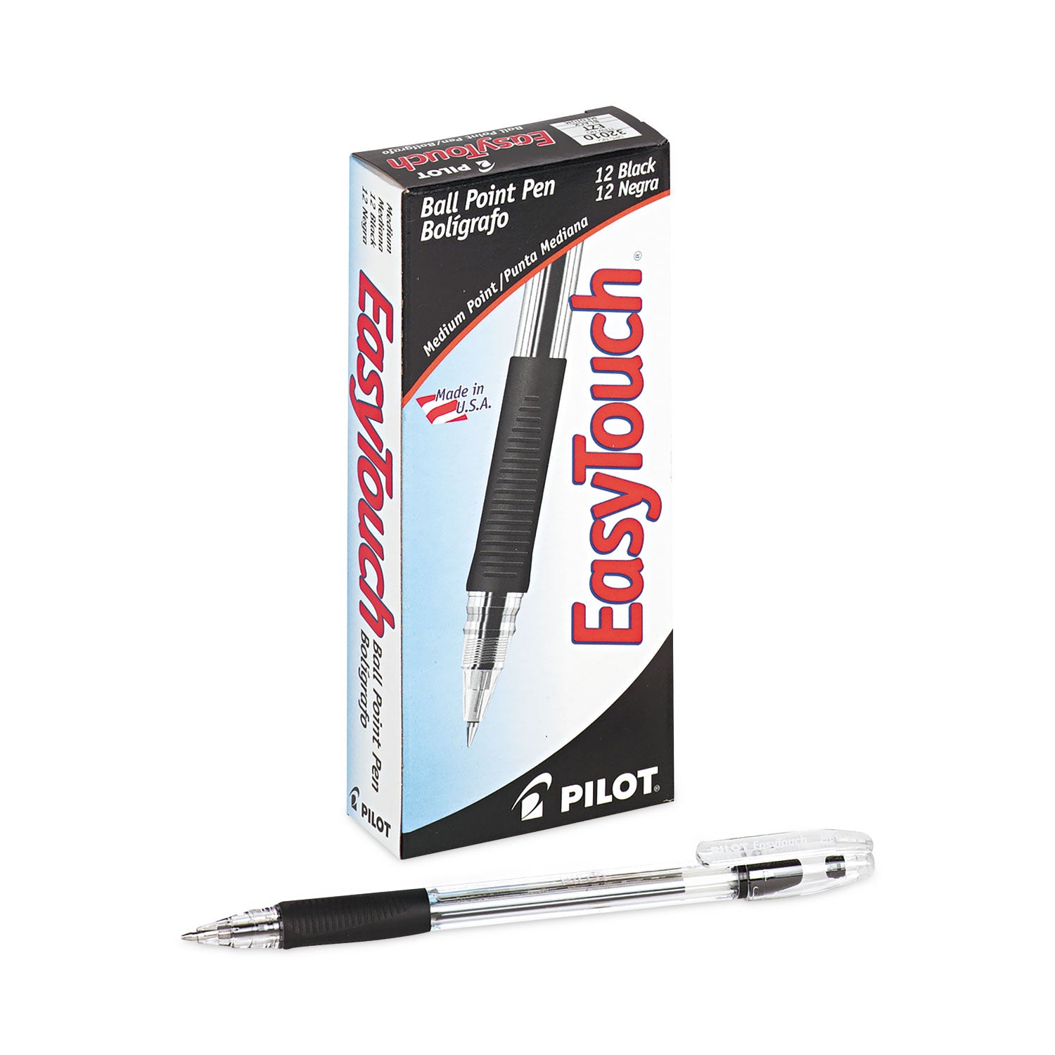 Pilot EasyTouch Ballpoint Pen, Stick, Medium 1 mm, Black Ink, Clear/Black Barrel, Dozen (32010)