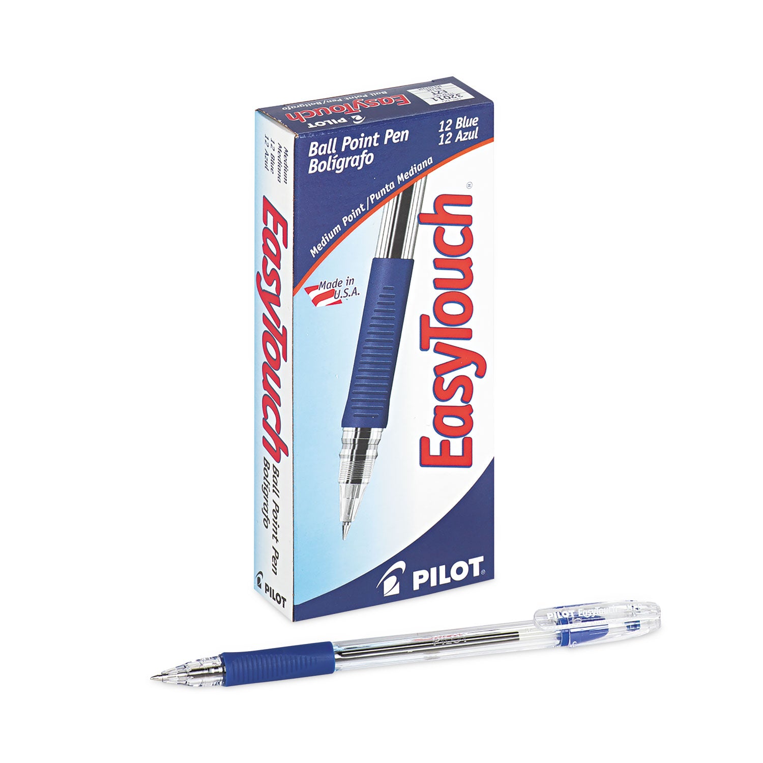 Pilot EasyTouch Ballpoint Pen, Stick, Medium 1 mm, Blue Ink, Clear/Blue Barrel, Dozen (32011)