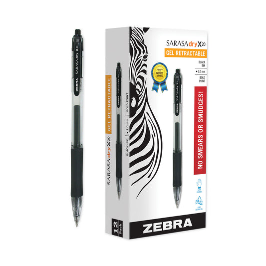 Zebra Sarasa Dry Gel X20 Gel Pen, Retractable, Bold 1 mm, Black Ink, Clear/Black Barrel, 12/Pack (46610)