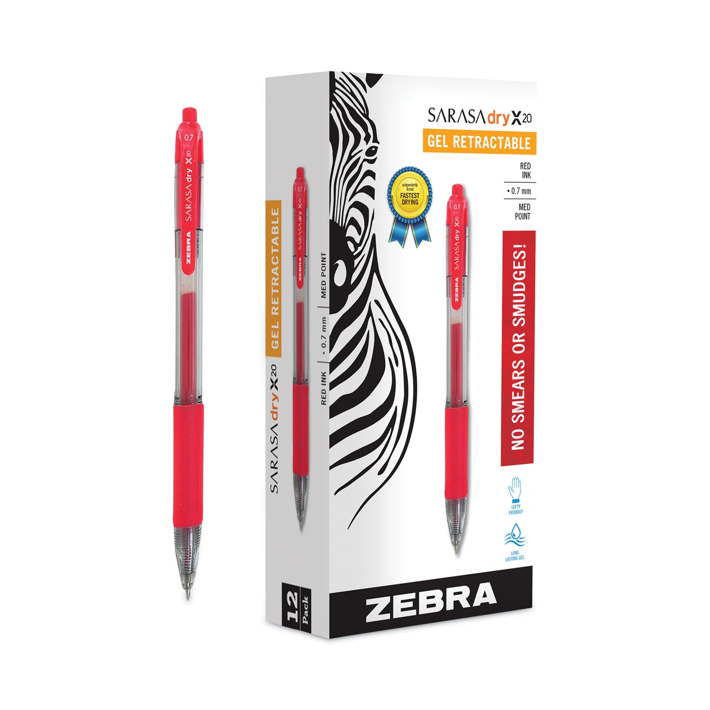 Zebra Sarasa Dry Gel X20 Gel Pen, Retractable, Medium 0.7 mm, Red Ink, Clear/Red Barrel, 12/Pack (46830)