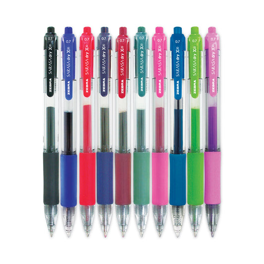 Zebra Sarasa Dry Gel X20 Gel Pen, Retractable, Medium 0.7 mm, Assorted Ink and Barrel Colors, 10/Pack (46881)