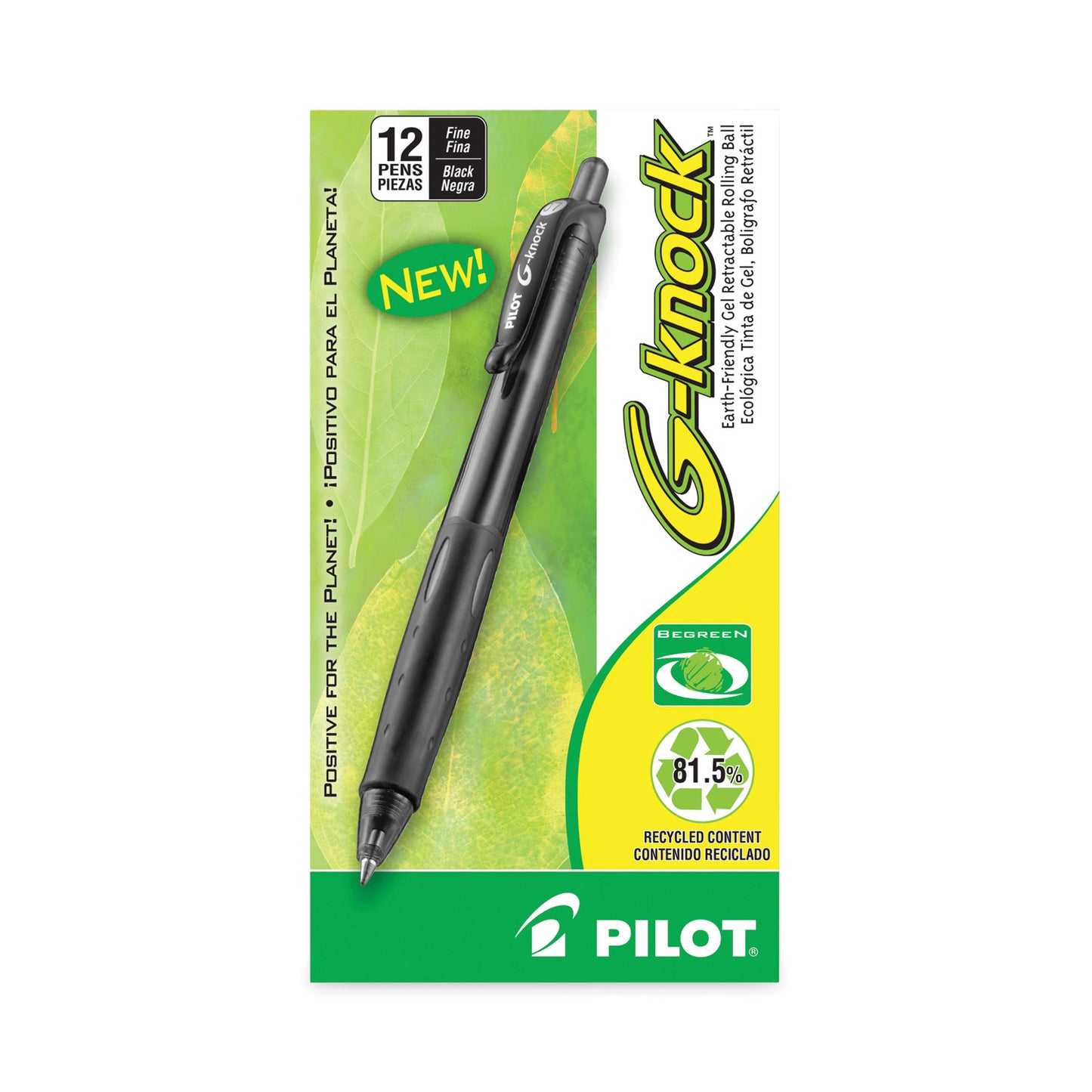 Pilot G-Knock BeGreen Gel Pen, Retractable, Fine 0.7 mm, Black Ink, Smoke/Black Barrel, Dozen (31506)