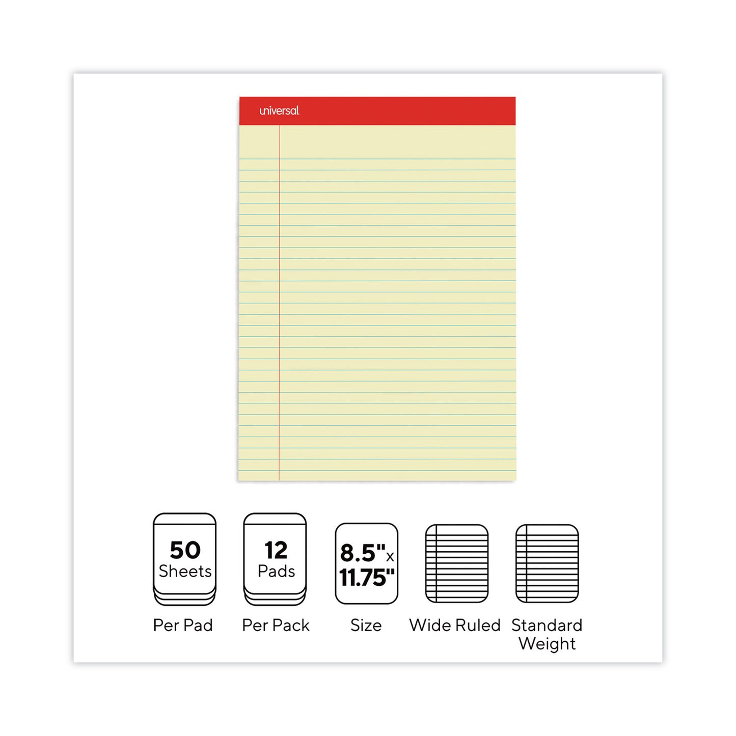 Universal Perforated Ruled Writing Pads, Wide/Legal Rule, Red Headband, 50 Canary-Yellow 8.5 x 11.75 Sheets, Dozen (10630)