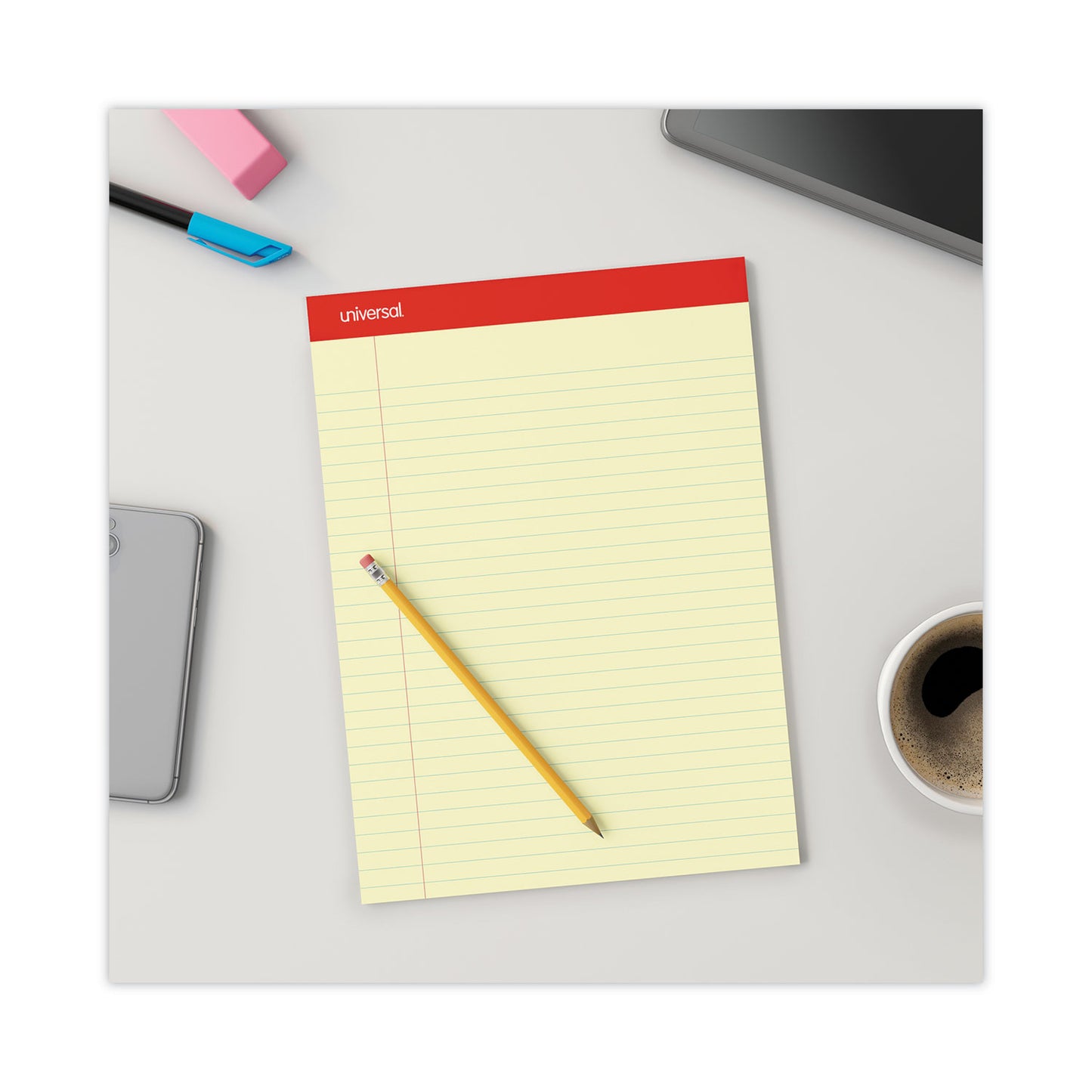 Universal Perforated Ruled Writing Pads, Wide/Legal Rule, Red Headband, 50 Canary-Yellow 8.5 x 11.75 Sheets, Dozen (10630)